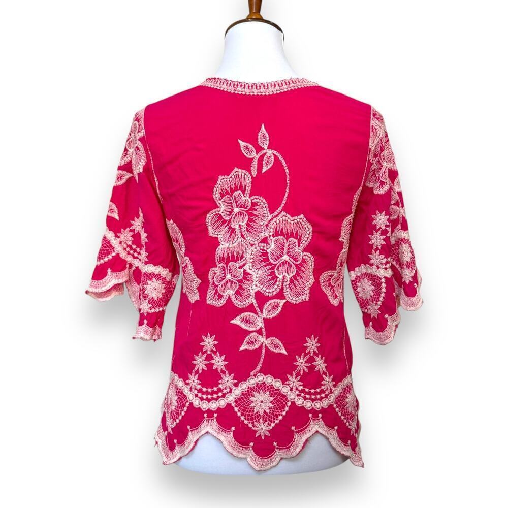 🍀Solitaire Embroidered Floral Bell Sleeve Peasant Boho Top Fuchsia Pink Womens S - Picture 7 of 11
